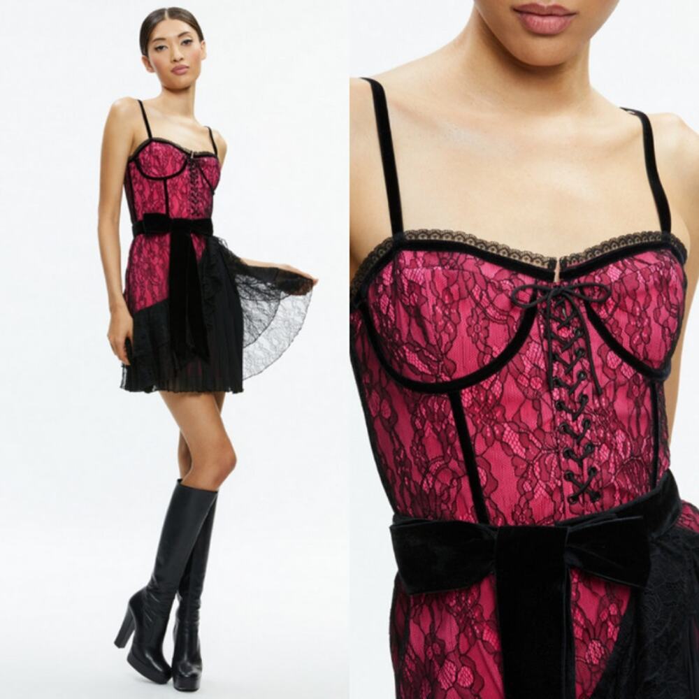 Alice + Olivia NEW Black Hot Wild Pink Chantil Lace Corset Mini Dress US 4 $695 - Picture 2 of 8